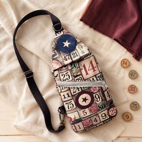 Bingo-print handmade sling bag with adjustable black strap displayed beside vintage bingo markers