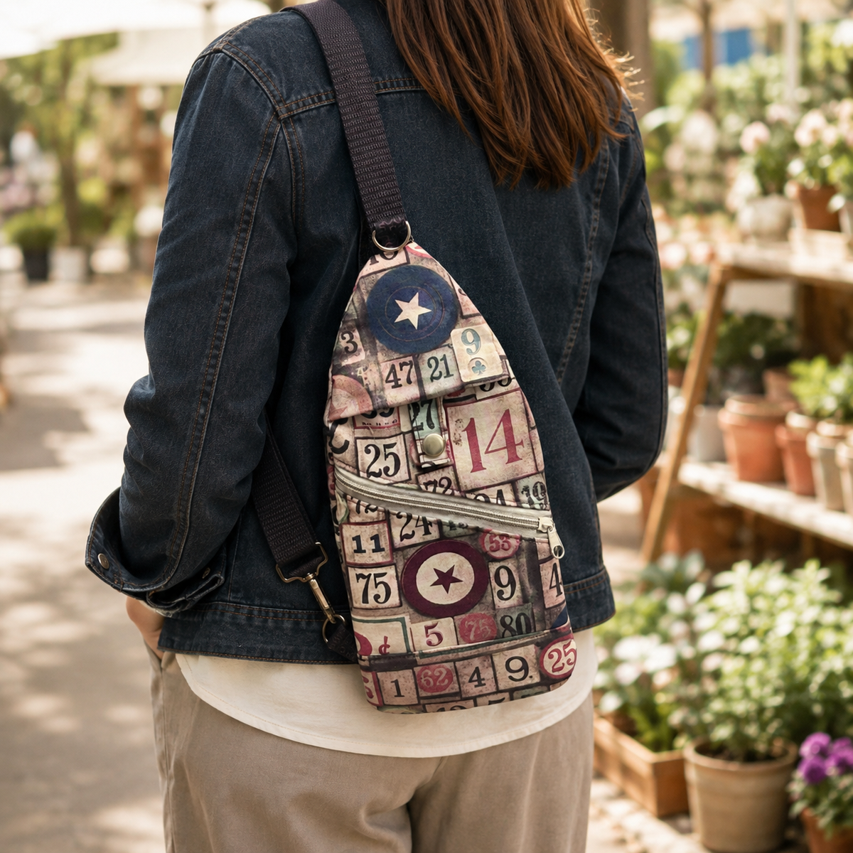 Bingo-print sling bag worn crossbody outdoors